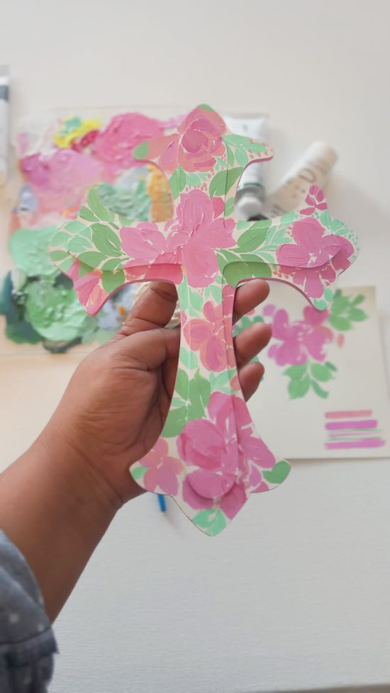 Load and play video in Gallery viewer, Pink Hand Painted Cross - Floral + Striped Patterns
