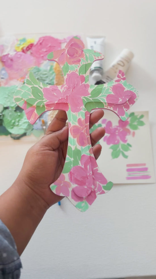 Load and play video in Gallery viewer, Pink Hand Painted Cross - Floral + Striped Patterns

