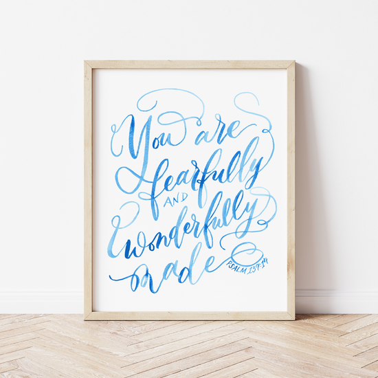You Are Fearfully and Wonderfully Made (Psalm 139:14)  Blue Watercolor Nursery Art Print