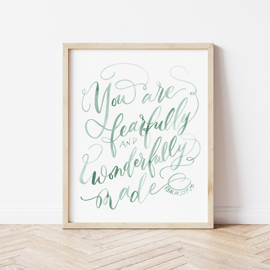You Are Fearfully and Wonderfully Made (Psalm 139:14)  Green Watercolor Nursery Art Print