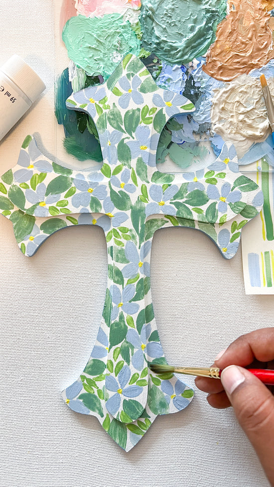 Blue Hand Painted Cross - Floral + Striped Patterns