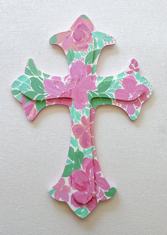 Pink Hand Painted Cross - Floral + Striped Patterns