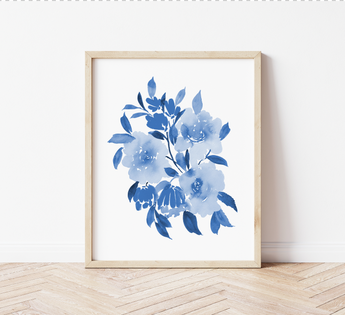 Load image into Gallery viewer, Prussian Blue Monochrome Abstract Bouquet Art Print
