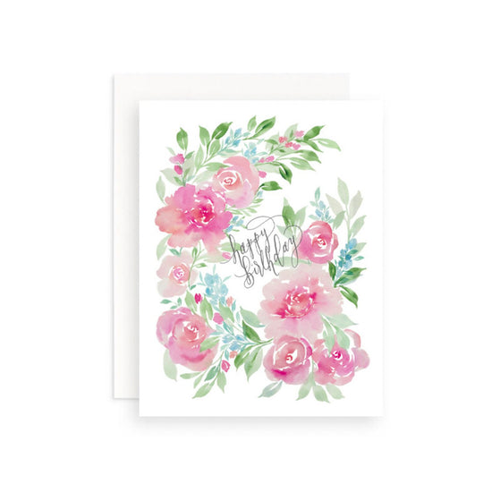 Pink Flowers Wreath Birthday Card