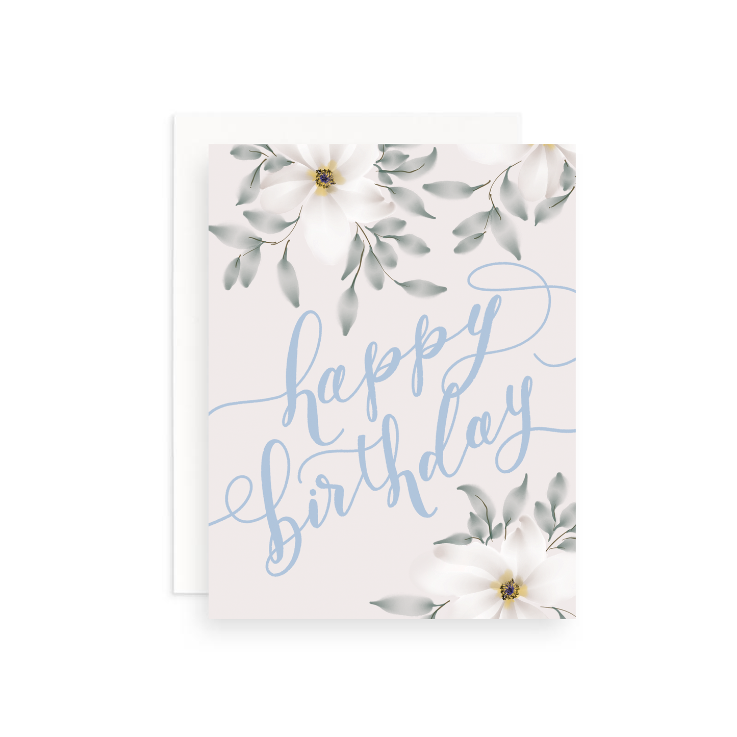 Blue & White Neutral Floral Birthday Greeting Card