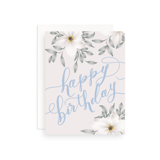 Blue & White Neutral Floral Birthday Greeting Card